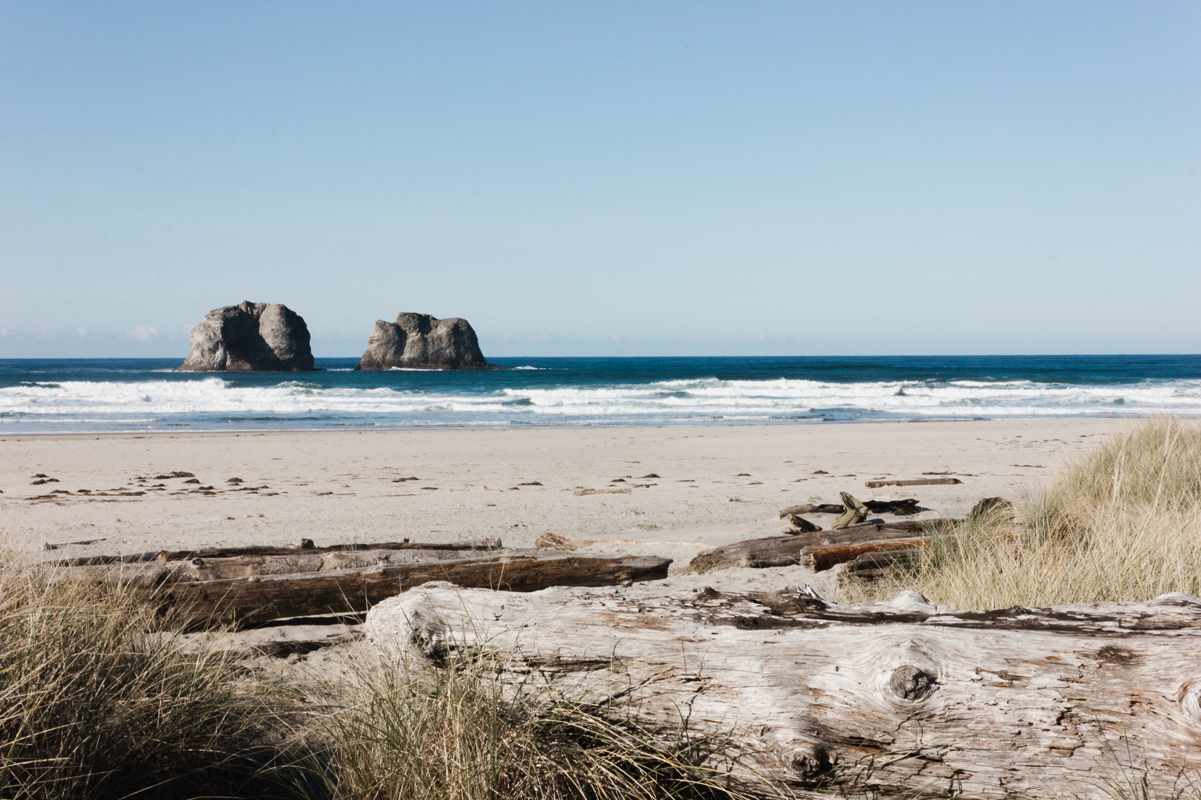 Twin sea stacks beyond pale dunes